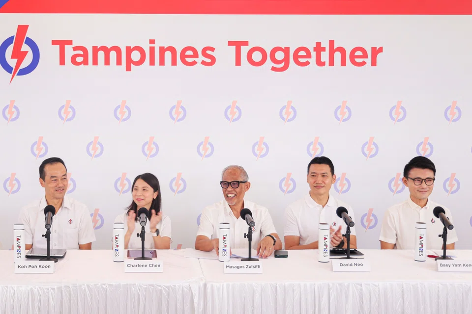 The Tampines GRC team comprises (from left) Senior Minister of State for Manpower Koh Poh Koon; new face Charlene Chen; Minister for Social and Family Development Masagos Zulkifli; new face David Neo; and Senior Parliamentary Secretary for Transport Baey Yam Keng.