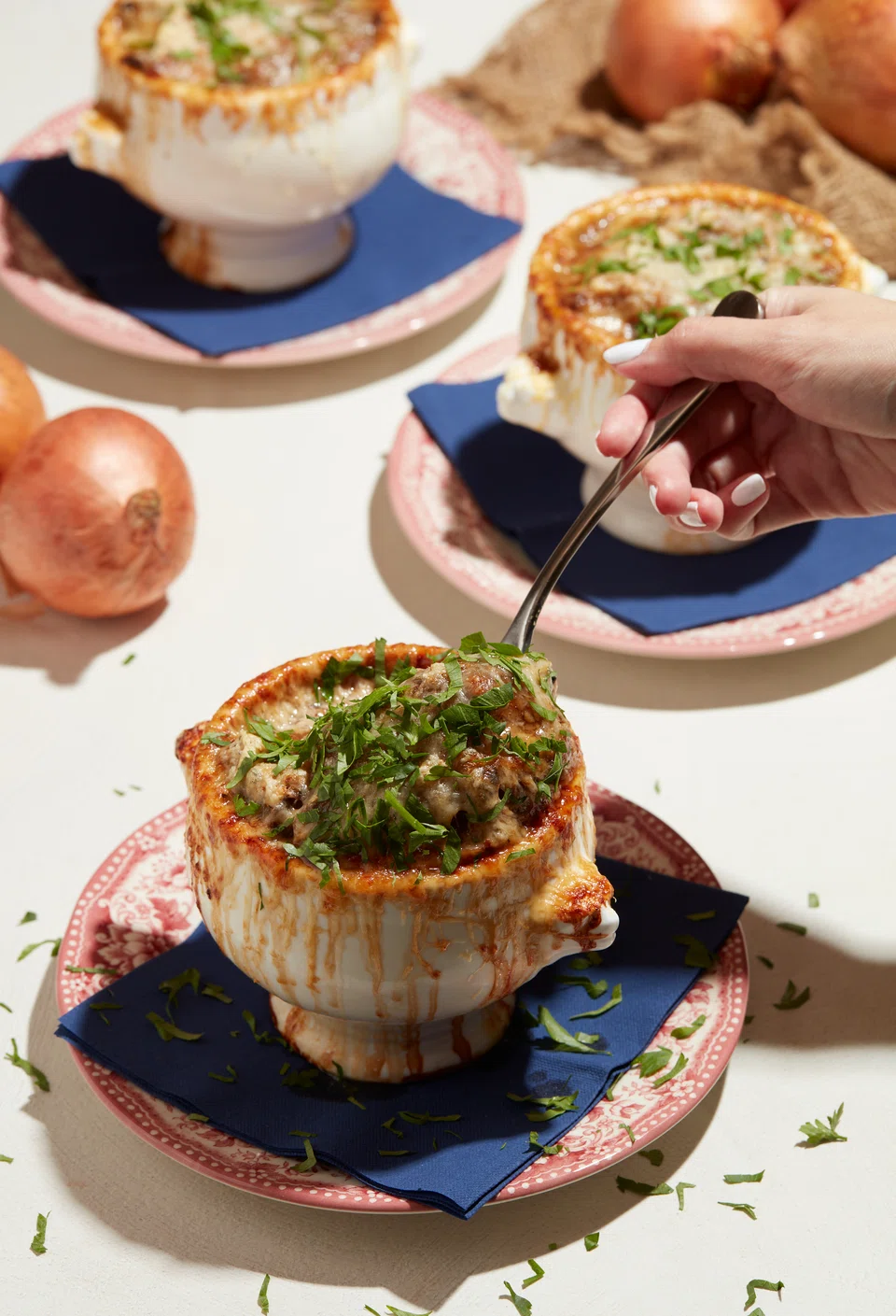 Piping hot French onion soup.