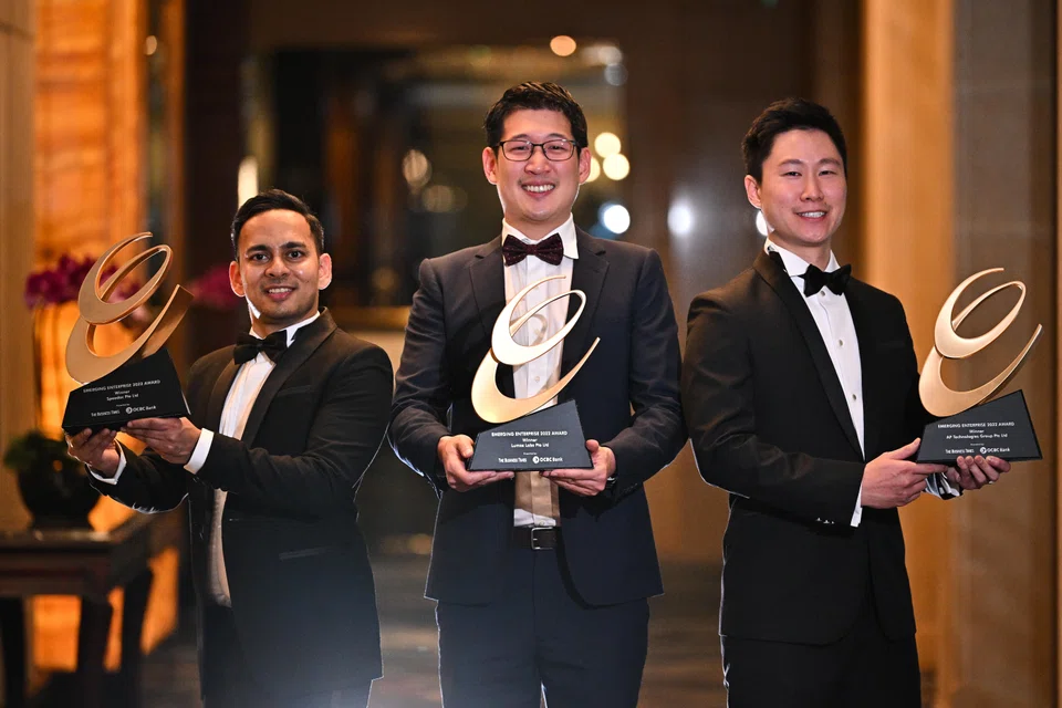 From left: Speedoc's Shravan Verma, Lumos Labs' Eu-wen Ding, and AP Technologies' Charles Tang, at the Emerging Enterprise Awards on Tuesday (Nov 22).