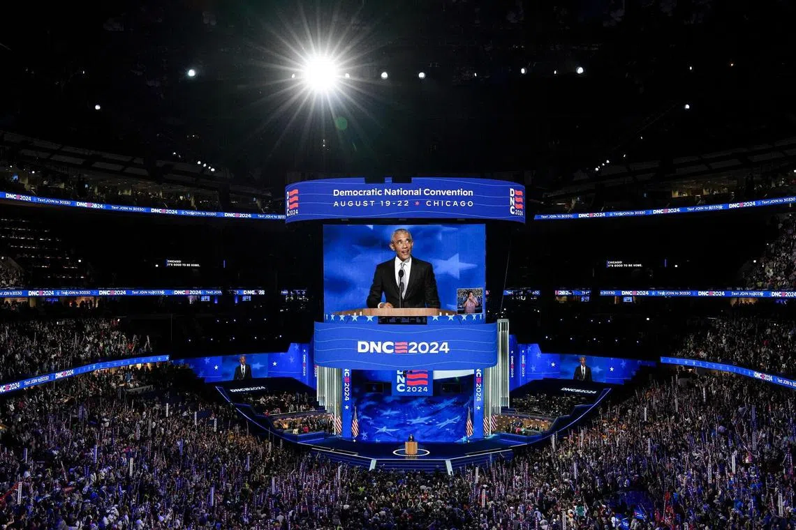 Former US President Barack Obama speaks during the Democratic National Convention (DNC) at the United Centre in Chicago, Illinois, Aug 20, 2024. 