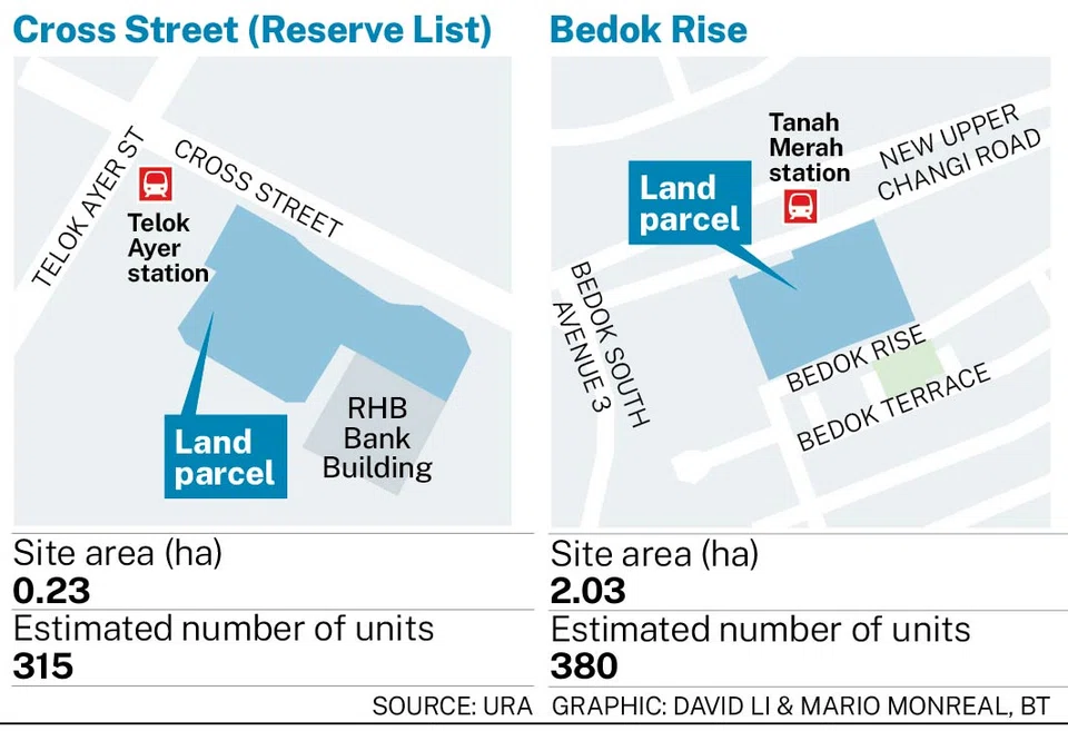 The tender for the Bedok Rise site will close on Nov 27 while the Cross Street site is on the reserve list. 