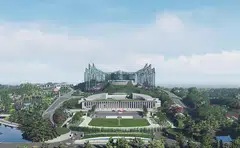 A computer-generated image showing Indonesia's future presidential palace in East Kalimantan, as part of the country's relocation of its capital from Jakarta to  Borneo island that will be named "Nusantara". 