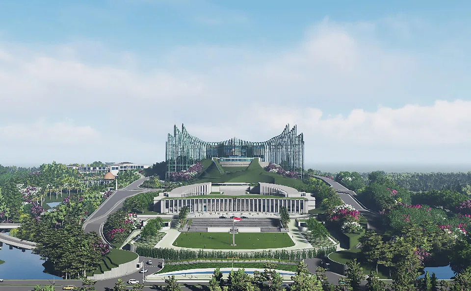 A computer-generated image showing Indonesia's future presidential palace in East Kalimantan, as part of the country's relocation of its capital from Jakarta to  Borneo island that will be named "Nusantara". 