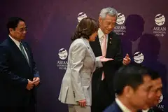Prime Minister Lee Hsien Loong with US Vice-President Kamala Harris before the 11th Asean-US Summit in Jakarta. US-China tensions were among several hot-button issues that took centre stage at a series of global diplomacy meetings.