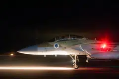 An Israeli Air Force fighter aircraft at an undisclosed airfield after a mission to intercept incoming airborne threats, April 14, 2024.