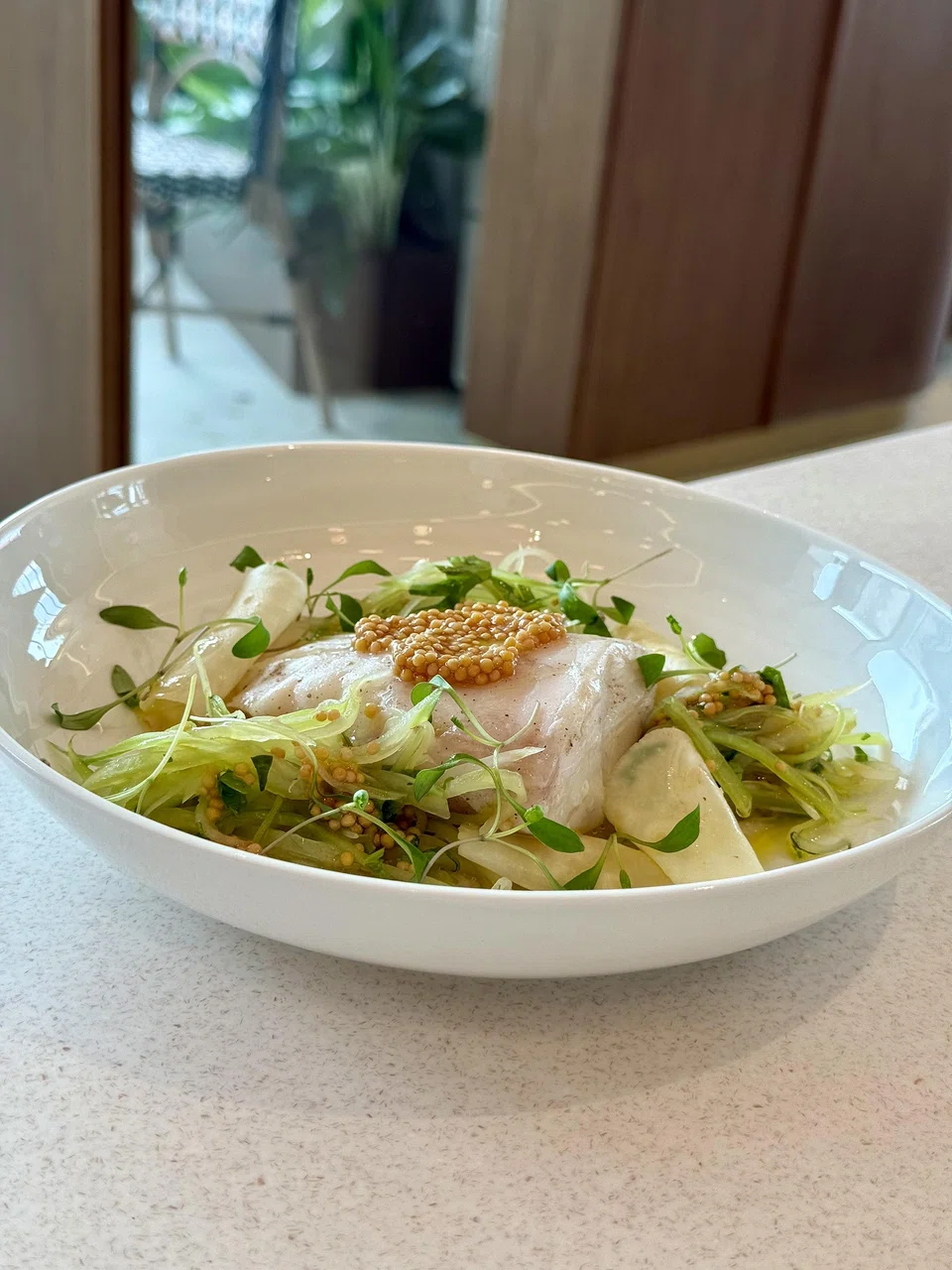 The cod and celeriac comes with a mustard-seed vinaigrette, pickled celeriac and shredded celery.