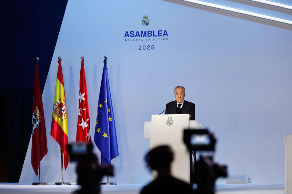 Real Madrid's president Florentino Perez gives a speech during the general ordinary assembly in Madrid on Nov 23 as the club announced a change in their corporate model.