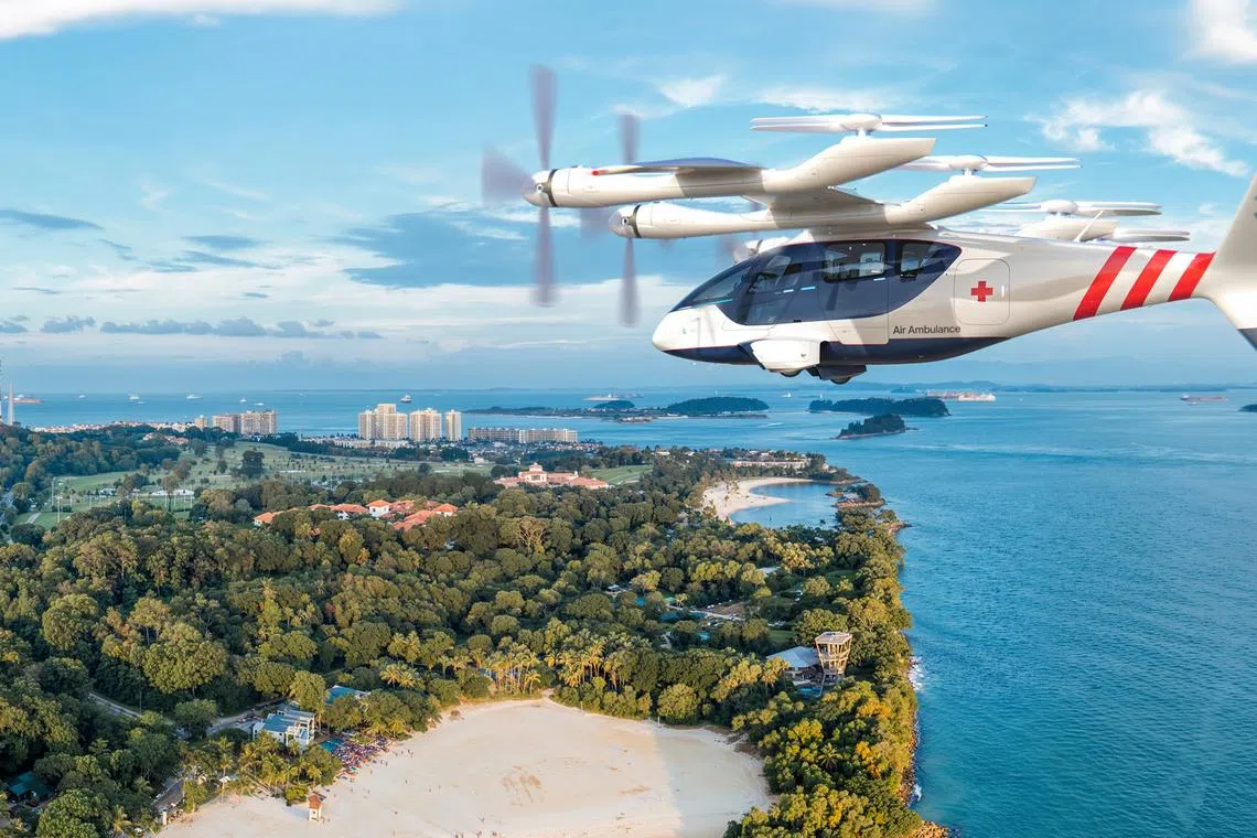 An artist's impression of the Vertical Aerospace Valo electric vertical take-off and landing aircraft being used for emergency medical services in Singapore. 