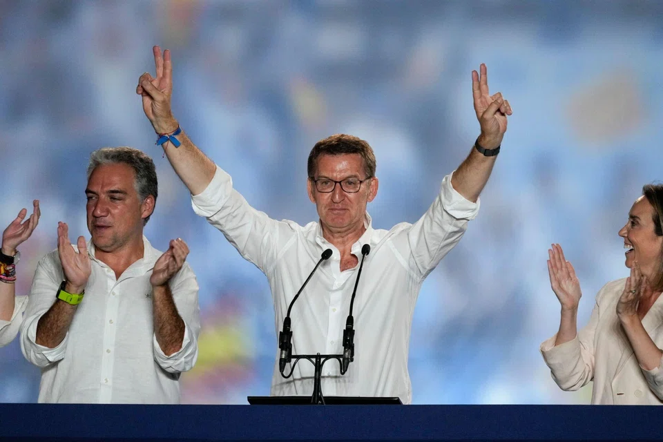 Alberto Nunez Feijoo, leader of the People's Party, at an election night rally. The PP has won the most seats but is short of an outright majority.