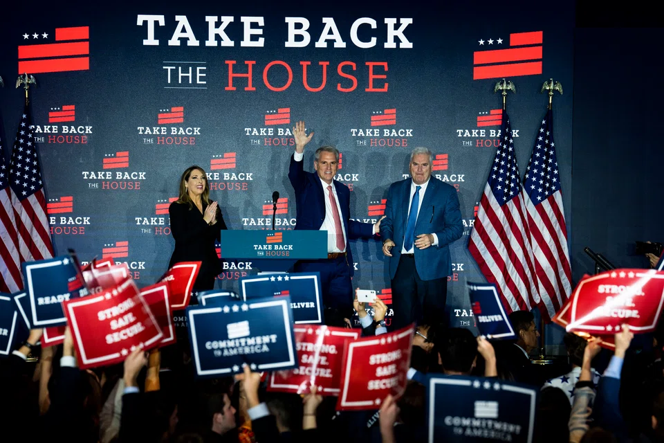 Republican House Minority leader Kevin McCarthy (centre), at an election night watch party in Washington, Nov 8, 2022. McCarthy is poised to become Speaker if Republicans gain control of the House, but he faces resistance from the right flank as his party feuds over a poor midterm showing. 