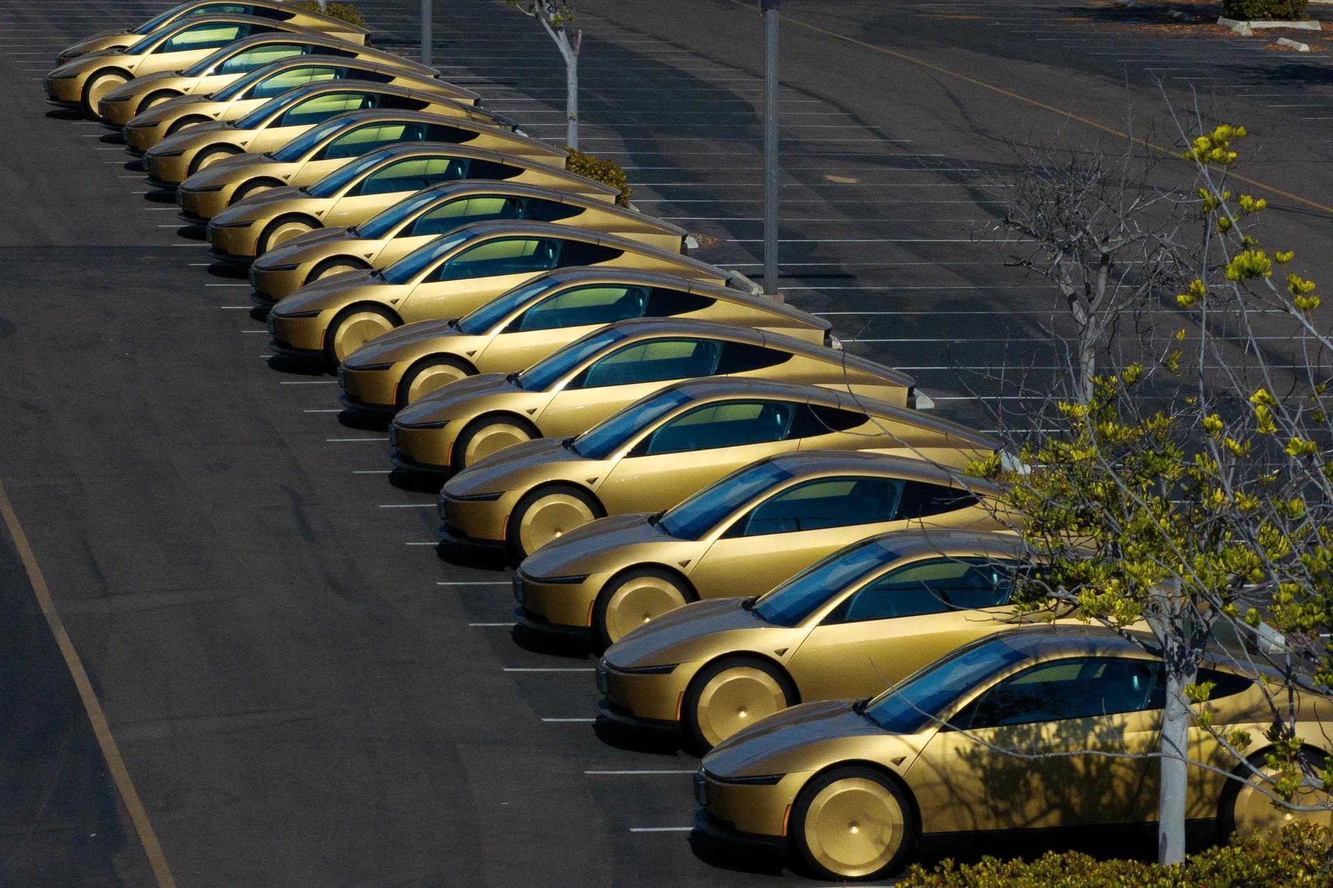 The golden, butterfly-door Cybercab embodies Musk’s strategy of betting the company on self-driving software and robotics