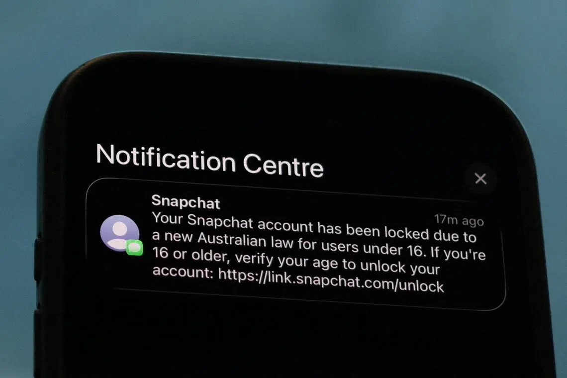 A notification from Snapchat requesting age verification as a law banning social media for users under 16 in Australia takes effect on Dec 10.