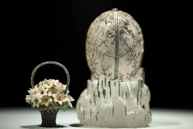 "The Winter Egg" by Fabergé, which was commissioned by former Russian emperor Nicholas II as an Easter gift to his mother in 1913, is displayed during a media preview by auction house Christie's in central London. 