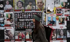 Posters of hostages kidnapped during the Oct 7, 2023, attack by Hamas. Israel's response to the attack has weakened the ability of Iran to assert its position in the Middle East.