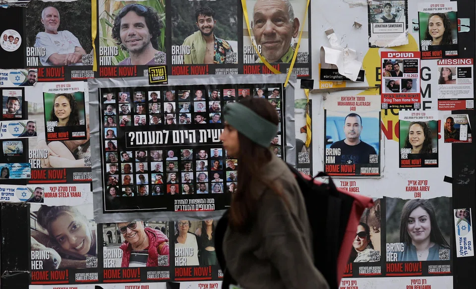 Posters of hostages kidnapped during the Oct 7, 2023, attack by Hamas. Israel's response to the attack has weakened the ability of Iran to assert its position in the Middle East.