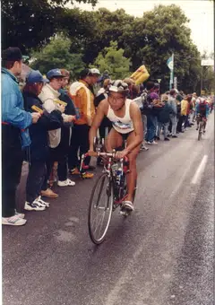On the bike leg of the Roth Ironman race in Germany, 1997. The event covers a 3.8km swim, 180km cycling, and then a 42km run. 