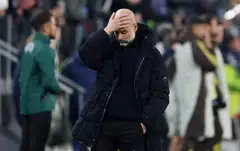 Manchester City manager Pep Guardiola reacts after his team's 2-0 Champions League defeat to Juventus, Turin, Italy, Dec 11, 2024.