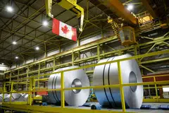 Spools of steel at an ArcelorMittal Dofasco facility in Hamilton, Ontario, Canada, March 12, 2025. Canada will keep its trade retaliation in place until the US lifts its own tariffs and commits to free trade, said Mark Carney, who will succeed Justin Trudeau as Canada’s prime minister. 