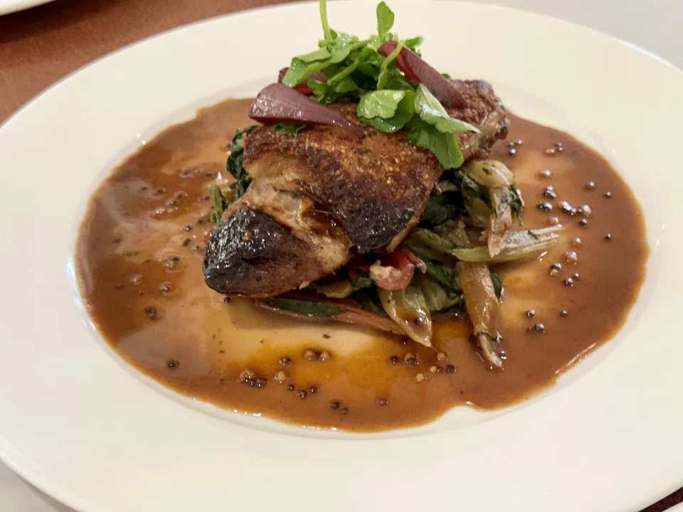 Grilled suckling pork belly in mustard sauce is a bit heavy going.