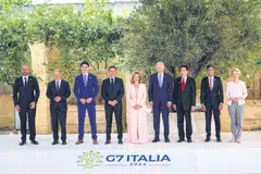 Leaders of the G7,  European Council and European Commission at the start of their summit on Jun 13, in Fasano, Italy.