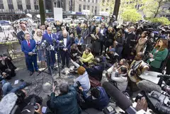 Attorney Arthur Aidala (4th from left) stands with members of Harvey Weinstein's legal team during a press conference in New York, April 25, 2024. The New York State Court of Appeals overturned Weinstein's 2020 rape conviction.