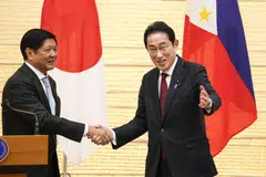 Philippine President Ferdinand Marcos Jr (left) and Japanese Prime Minister Fumio Kishida conclude their joint remarks to reporters following their talks in Tokyo on Thursday (Feb 9). Marcos is on a five-day visit to Japan that began on Wednesday. 