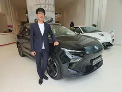 Li Sheng, MG’s overseas brand and marketing director, with the MG S5 electric vehicle that was launched in Singapore on Wednesday (Apr 9). The model will be the brand's "most important" one in sales terms, he says.