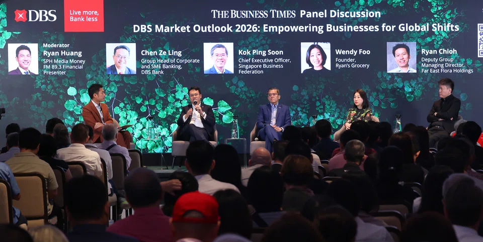From left: Ryan Huang, Money FM 89.3 presenter, who moderated the panel; Chen Ze Ling, DBS group head of corporate and SME banking; Kok Ping Soon, SBF CEO; Wendy Foo, Ryan's Grocery founder; and Ryan Chioh, Far East Flora deputy group managing director. 