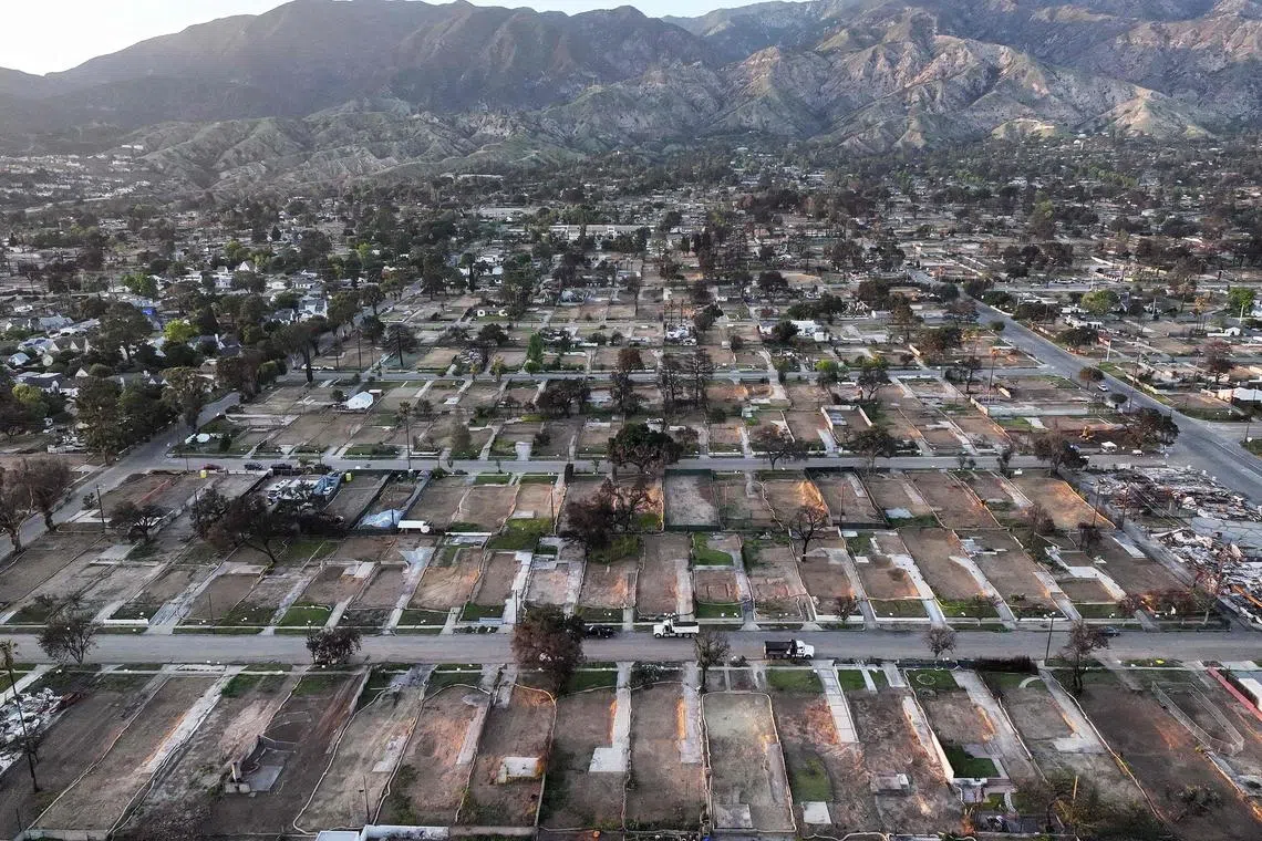 An aerial view of properties cleared of wildfire debris which burned in the Eaton Fire in Altadena, California in January.