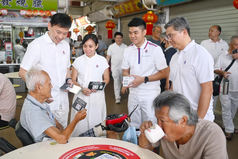 From left: PAP candidates for Bishan-Toa Payoh GRC Chee Hong Tat, Elysa Chen, Cai Yinzhou and Saktiandi Supaat at a walkabout at Toa Payoh Lorong 7 market. The quartet secured 75.21% of the vote.