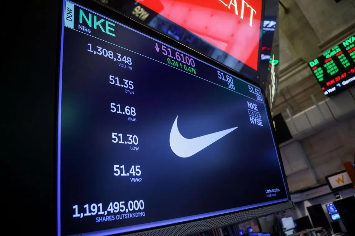 Nike signage on the floor of the New York Stock Exchange in New York, US, March 30, 2026.