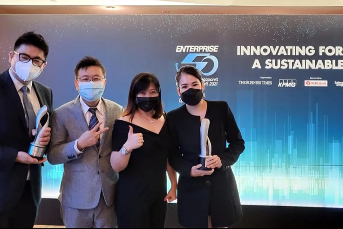 At the Enterprise 50 Awards 2021, MCI Outsourcing was a first-time winner, while MCI Career Services won for a second time. From left: Ryan Ng, chief executive officer of MCI Career Services and MCI Outsourcing; Ong Boon Huat, chairman of MCI Investment Holding; Jo Ong, regional director of MCI Investment Holding; and Eunice Tan, business development manager of MCI Career Services.