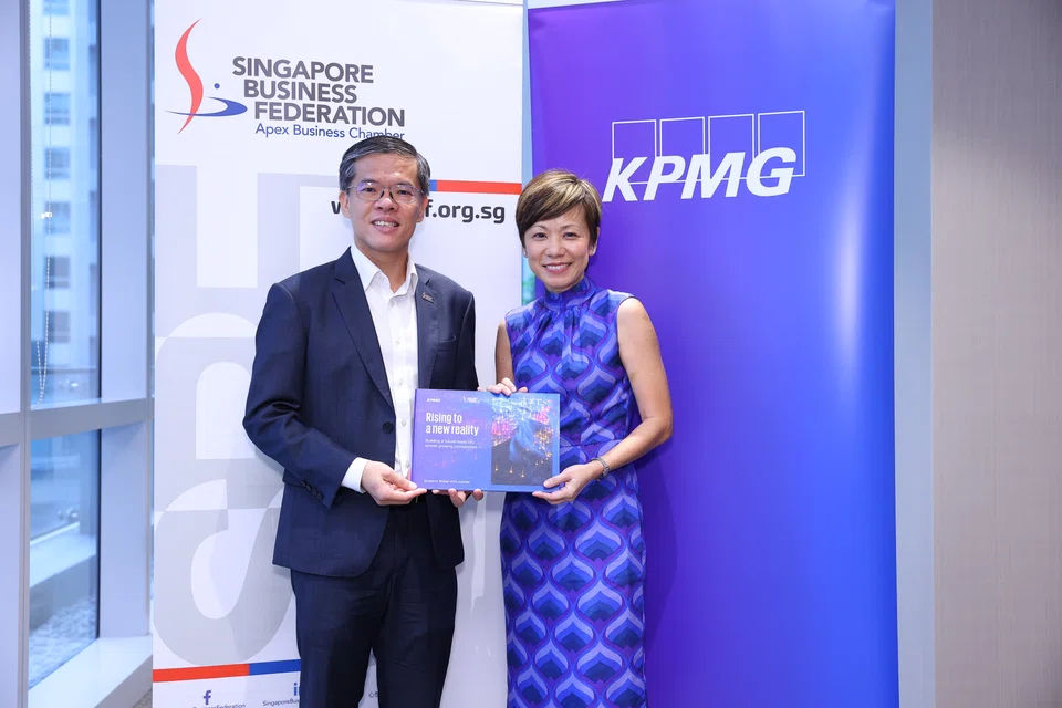 SBF chief executive officer Kok Ping Soon (left), and Lee Sze Yeng, managing partner of KPMG in Singapore, at the release of the joint Budget 2024 wish list on Jan 8.
