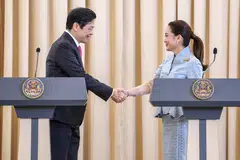 PM Wong (left) and his Thai counterpart Paetongtarn Shinawatra holding a joint press conference in Bangkok during his first official trip to Thailand since taking office in May.