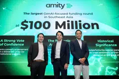 From left: Touchapon Kraisingkorn, chairman of Amity's AI Research and Application Center, Korawad Chearavanont, founder and executive chairman of Amity Group, and Keng Teik Koay, Amity's group co-CEO at an event announcing Amity's series D funding at The Okura Prestige Bangkok Hotel in Bangkok on Mar 25.