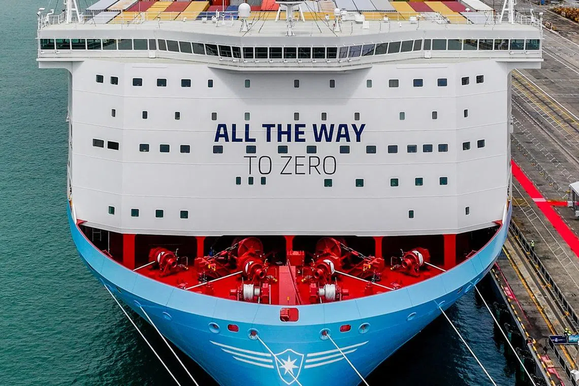 AP Moller, one of Maersk’s new dual-fuel methanol container ships, was named in Singapore in November 2024. 