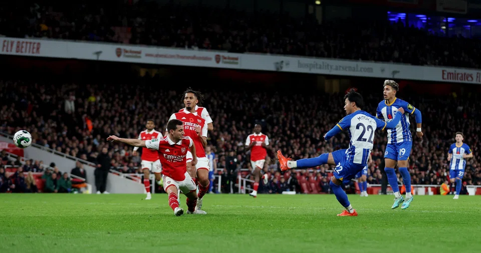Brighton & Hove Albion's Kaoru Mitoma scores their second goal against Arsenal in a Carabao Cup tie, Nov 9, 2022. Mitoma’s electrifying runs down the left wing could be a potent weapon for Japan at the World Cup.
