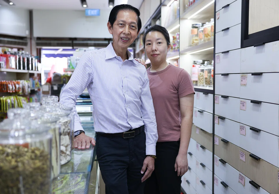 Teck Soon Medical Hall second-generation leader Chow Khai Shui (left) with his daughter, Chow Chew Li. Teck Soon has four outlets across Singapore.