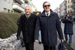 (From left) Former Norwegian PM Thorbjorn Jagland with his lawyer Anders Brosveet in Frogner, Norway, Feb 12, 2026. 