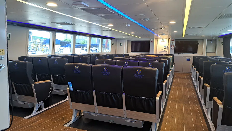 The interior of Strategic Marine's fast crew boat, Gen-4 One, used in the oil and gas industry.