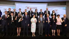 Minister for Sustainability and the Environment Grace Fu (centre, in white), SPH Media Trust chairman Khaw Boon Wan (to her left), UOB deputy chairman and CEO Wee Ee Cheong (to her right), and the winners and judges of the Sustainability Impact Awards 2023 at the awards ceremony on Thursday.