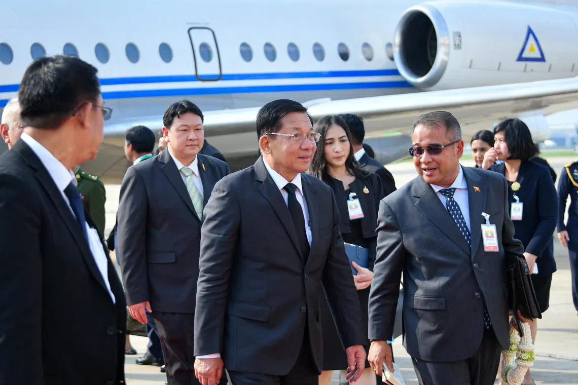 Myanmar's junta leader Min Aung Hlaing arrives, ahead of the 6th BIMSTEC Summit, in Bangkok.