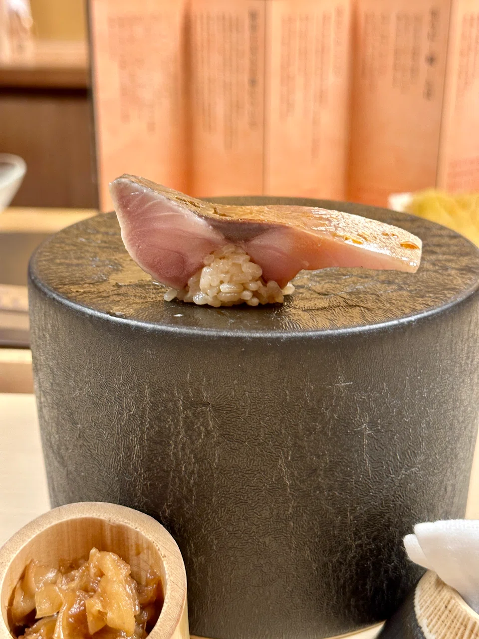 Gejo's horse mackerel sliced and stuffed with rice.