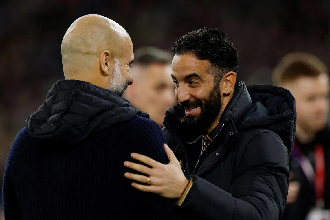 Manchester City manager Pep Guardiola (left) with Manchester United manager Ruben Amorim before their teams played each other at the Etihad Stadium last December. United won 2-1.
