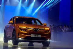 A VinFast VF 8 model is seen during a car delivery ceremony at the VinFast car factory in Haiphong province.