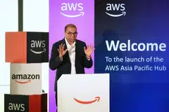 Senior Minister of State for Digital Development and Information Janil Puthucheary delivering a speech at the launch of AWS Asia Pacific Hub on Feb 12.