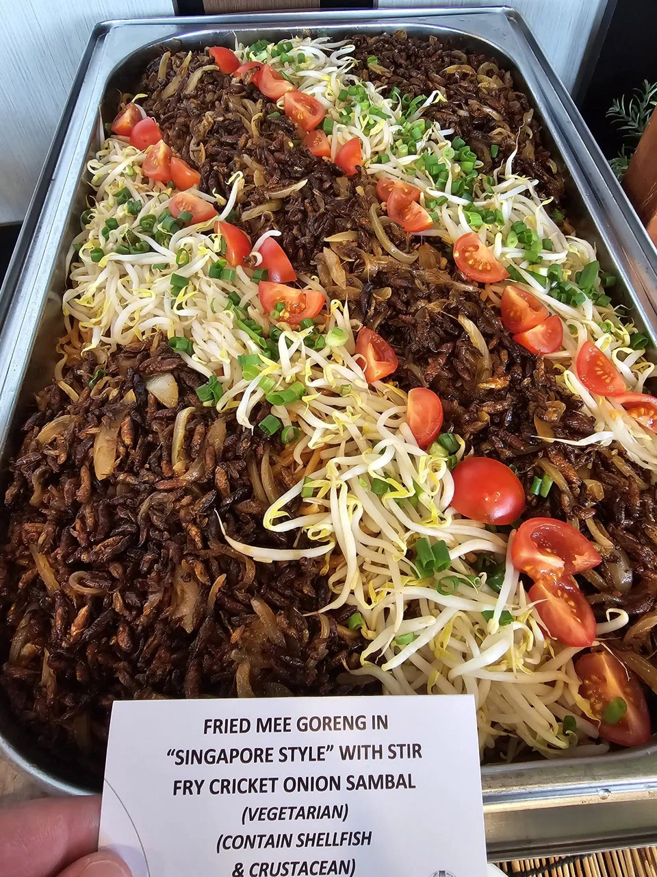 Tung Lok Group's fried mee goreng with stir-fried sambal crickets. It catered eight insect-featuring dishes for the Insects to Feed the World Conference in Singapore.