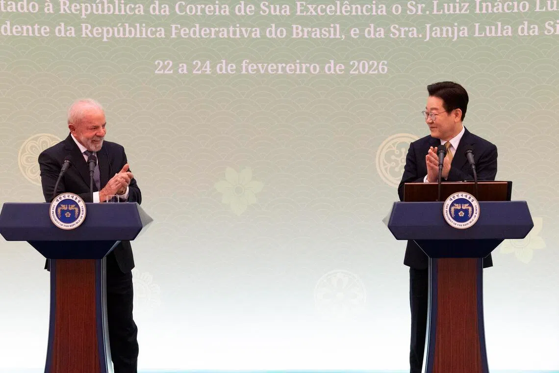 Brazilian President Luiz Inacio Lula da Silva (left) and South Korean President Lee Jae-myung oversaw the signing of 10 memorandums of understanding, including digital economy, agriculture and others.