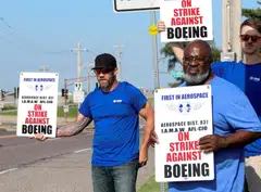 Boeing defence workers on strike outside the company's facility, Berkeley, Missouri, Aug 4, 2025. More than 3,000 workers voted to reject the company's latest offer.