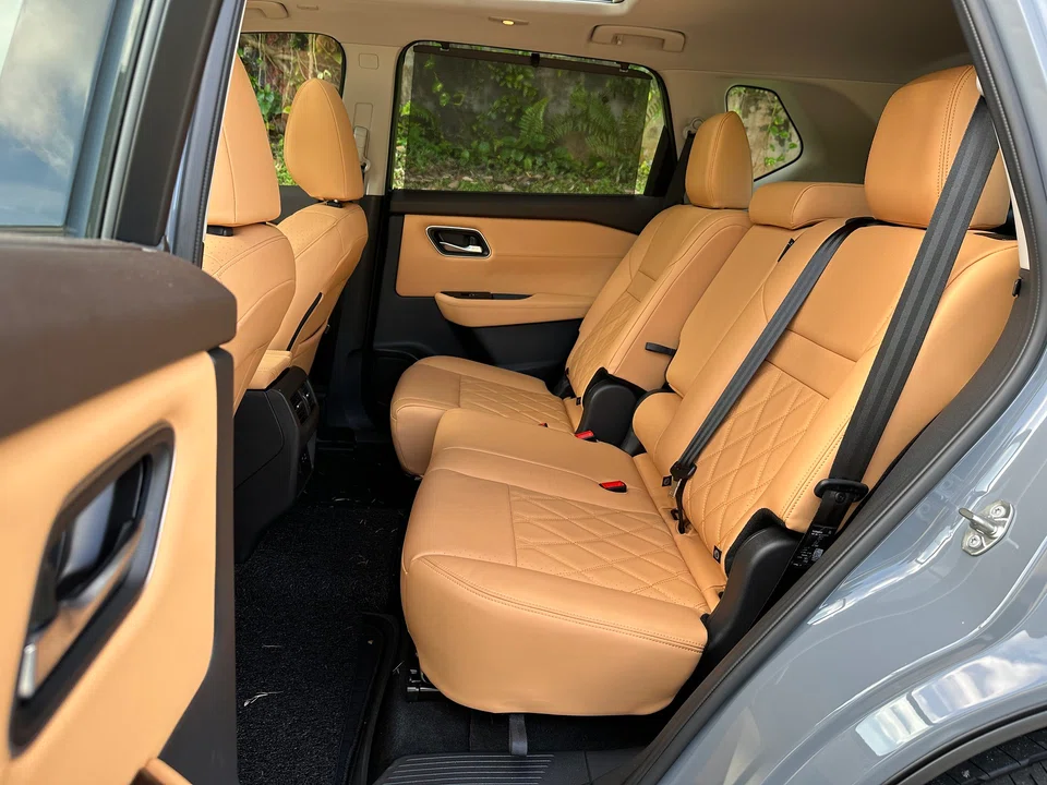 There’s plenty of room in the back of the Nissan X-Trail e-Power, and the optional pleated upholstery adds an upmarket, lounge-like feel to the space.